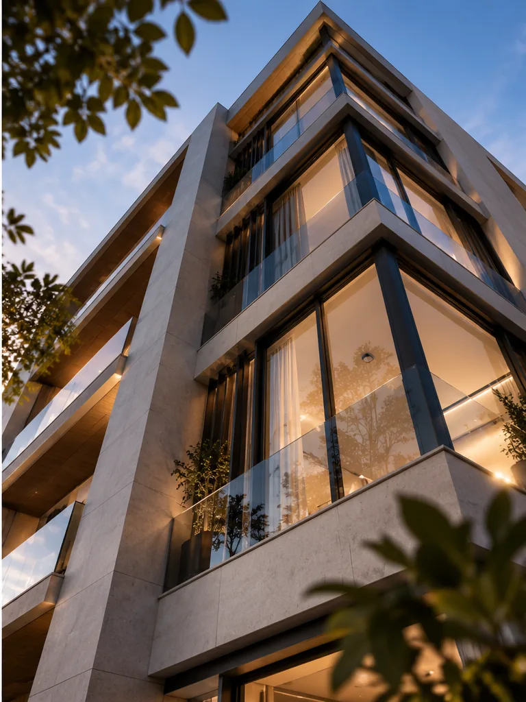 Façade d'immeuble contemporain aux menuiseries aluminium, au coucher du soleil